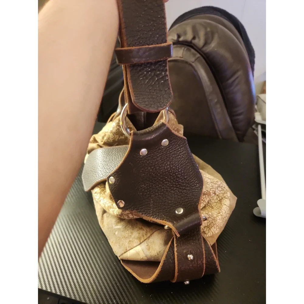 Vtg Tylie Malibu Distressed Crackle Metallic Suede Hobo Bag with Leather Accents